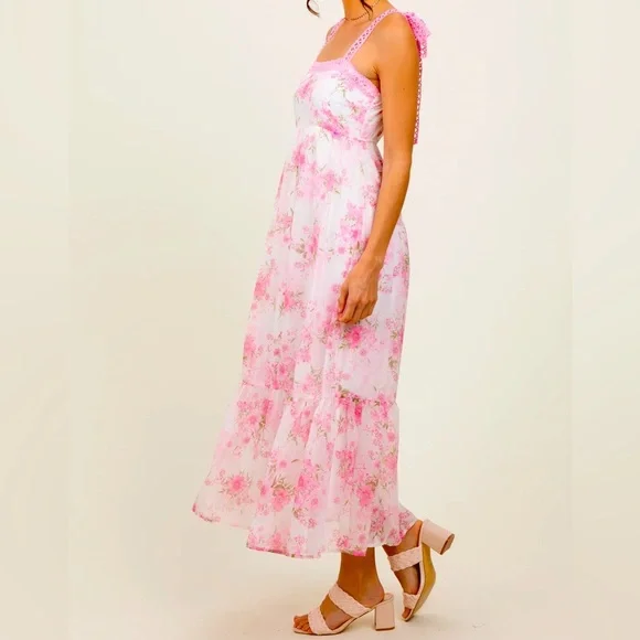 By the River Pink Floral Dress Size L - Crochet Straps & Tiered Skirt - Picture 6 of 6